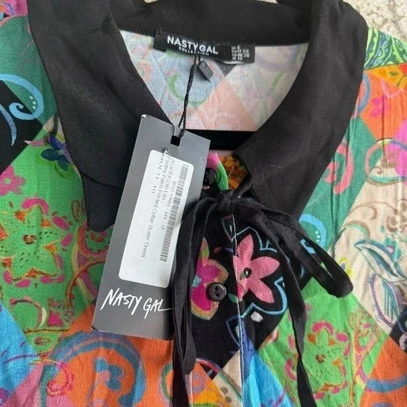 Patchwork Shirt Dress Nasty Gal Y2K Colorful Festival Party‎ Mini Womens 6 NWT - Picture 6 of 8